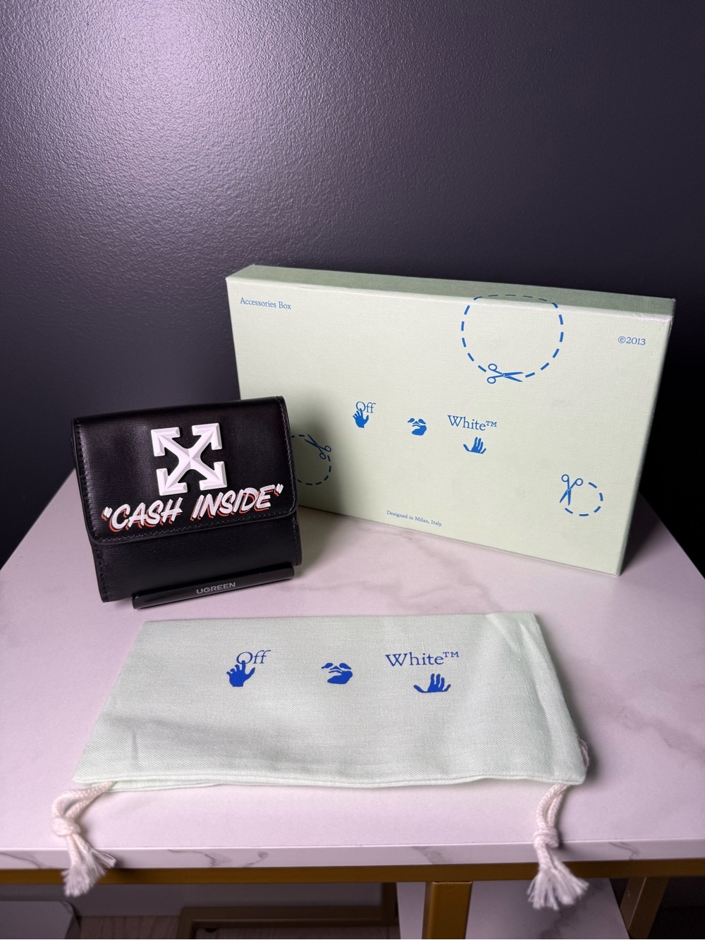 Off-White Black Leather Wallet with White Arrow and Pink 'Cash Inside' Text